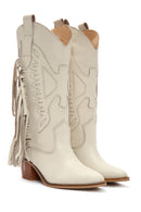 Women's Cream Thick Heeled Leather Cowboy Boots | Derimod