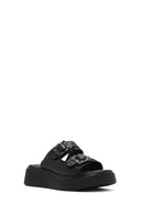 Women's Black Double Buckle Thick-Soled Leather Comfort Slippers | Derimod