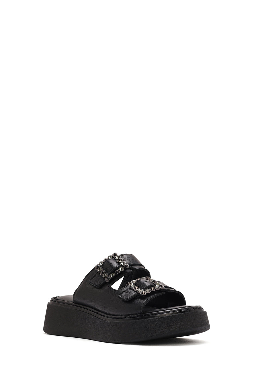 Women's Black Double Buckle Thick-Soled Leather Comfort Slippers