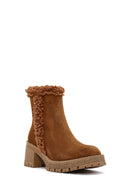 Women's Brown Zippered Thick Heel Suede Leather Boots | Derimod