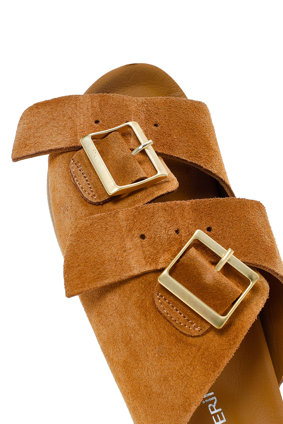 Women's Tan Double Buckle Suede Leather Slippers