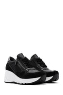 Women's Black Lace-Up Zipper Detailed Wedge Heel Leather Sneakers | Derimod