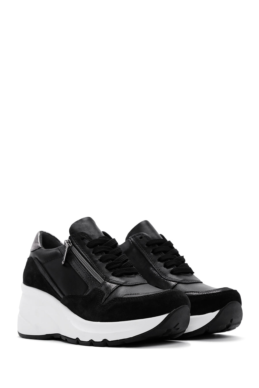 Women's Black Lace-Up Zipper Detailed Wedge Heel Leather Sneakers