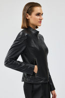 Prima Women's Black Short Leather Jacket | Derimod