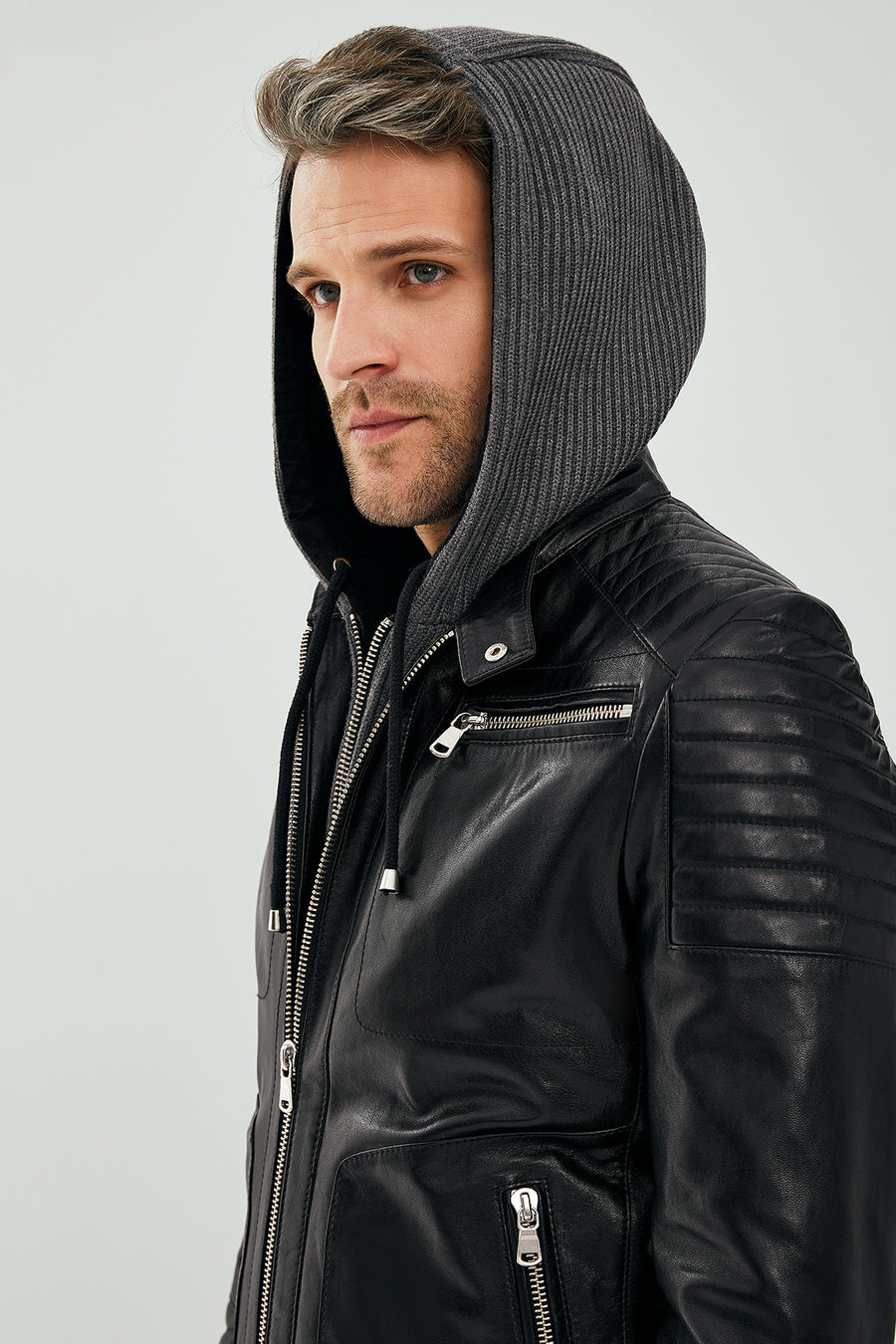 Danger Black Men's Hooded Sports Leather Jacket