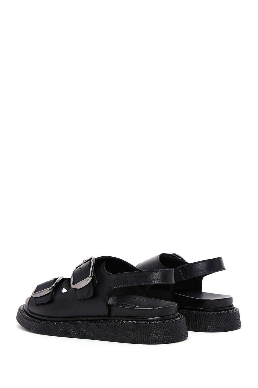 Women's Black Leather Double Buckle Comfort Sandals