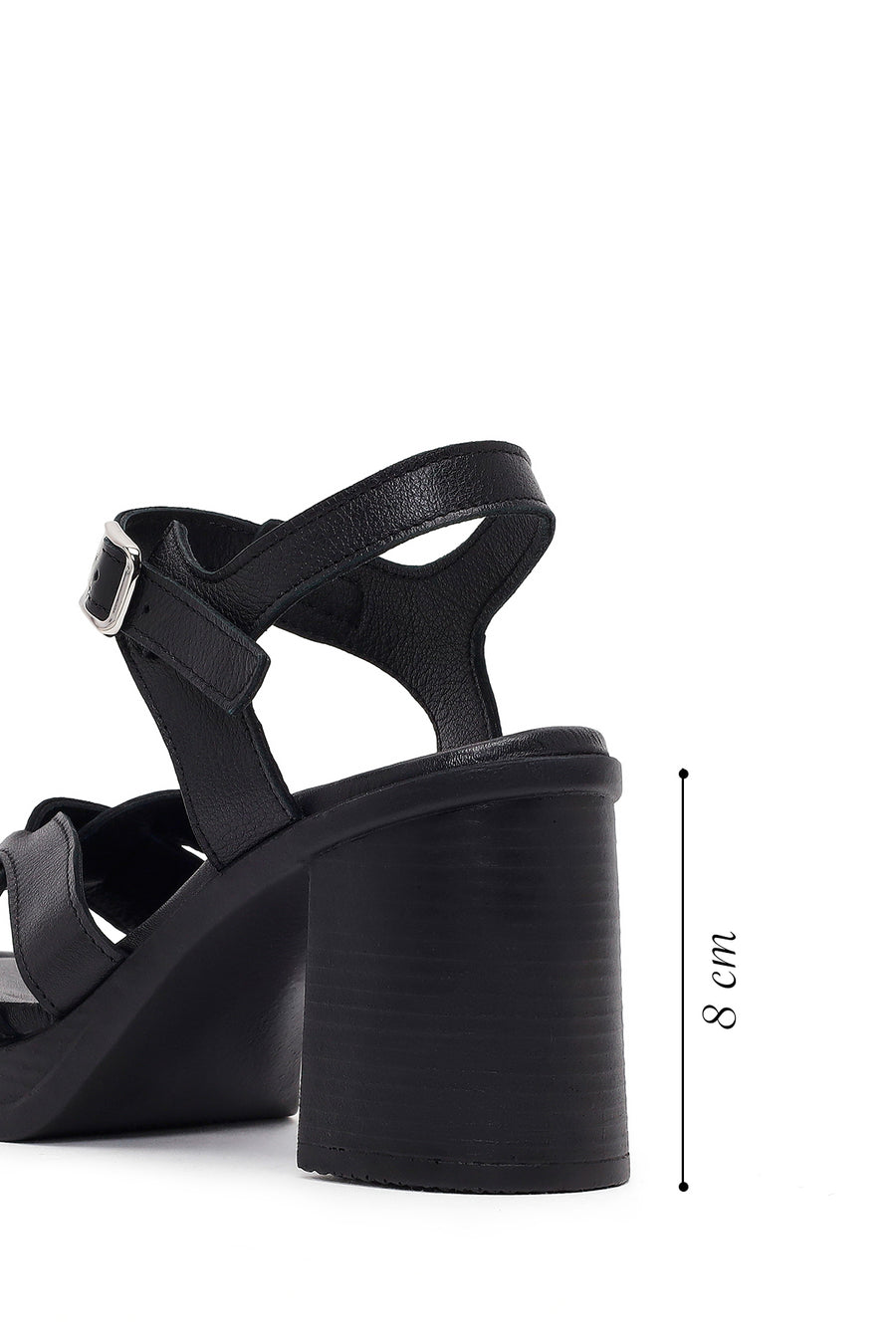 Women's Black Ankle Buckle Thick Heel Leather Sandals
