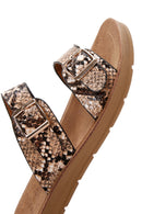 Women's Brown Double Buckled Patterned Slippers | Derimod