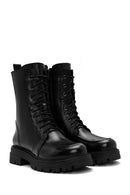 Women's Black Lace-Up Zipper Detailed Leather Combat Boots | Derimod