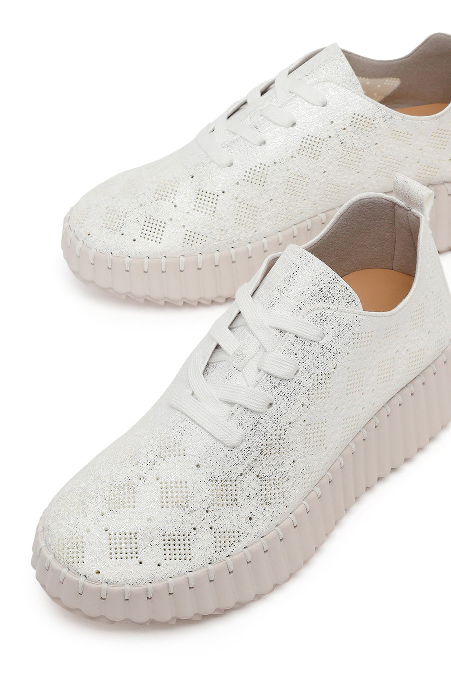 Woman White Lace-Up Patterned Thick-Soled Fabric Sneaker