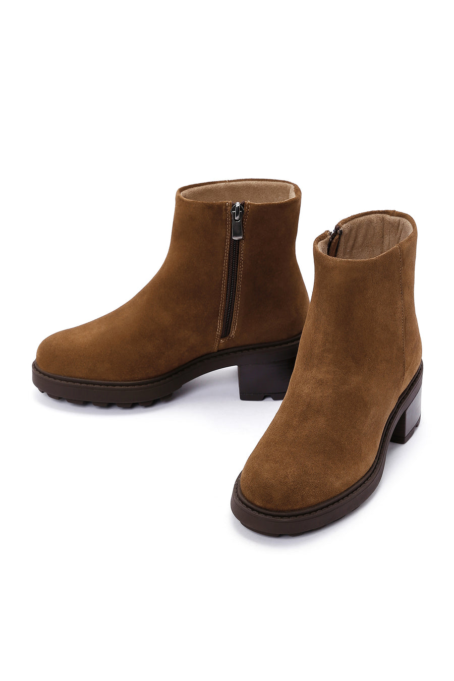 Women's Brown Zippered Thick Heel Suede Leather Boots
