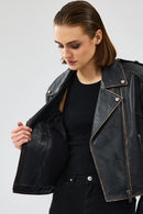 Oxford Women's Black Biker Leather Jacket | Derimod