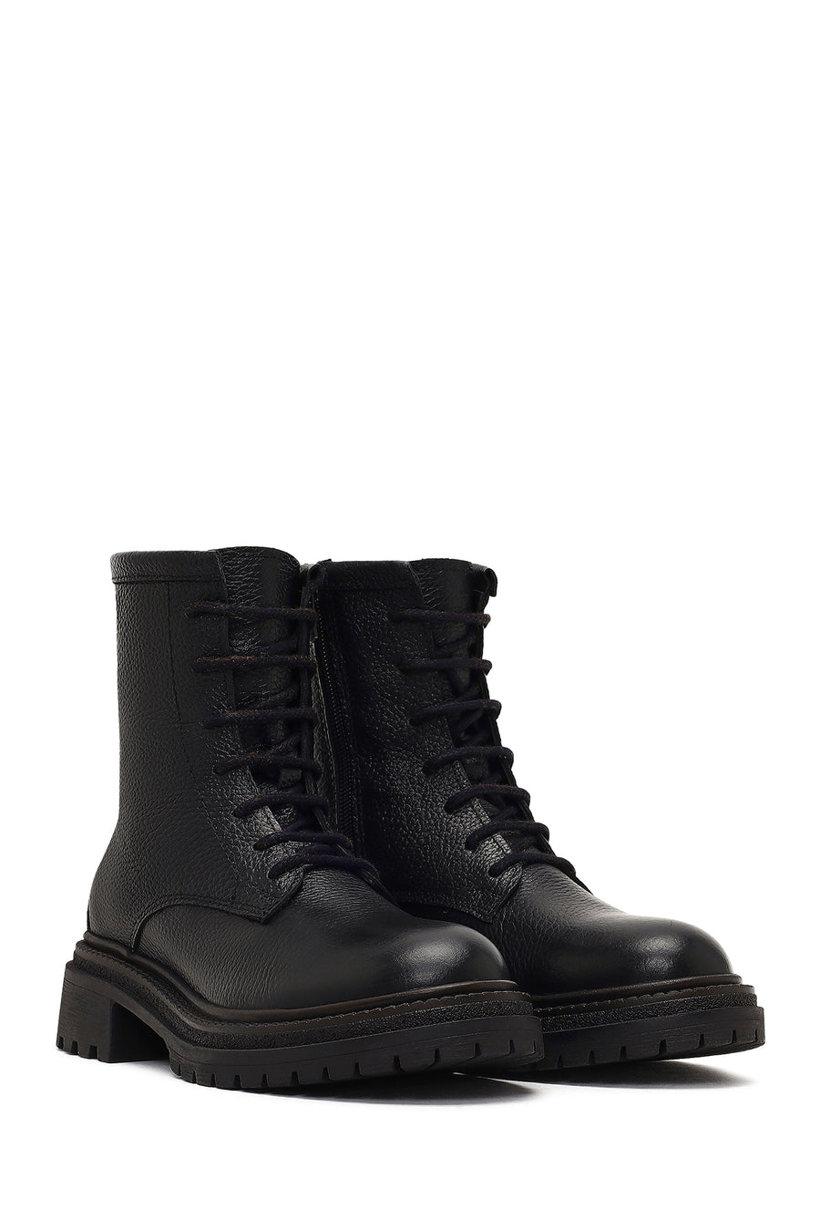 Woman Black Zip Closure Leather Combat Boots