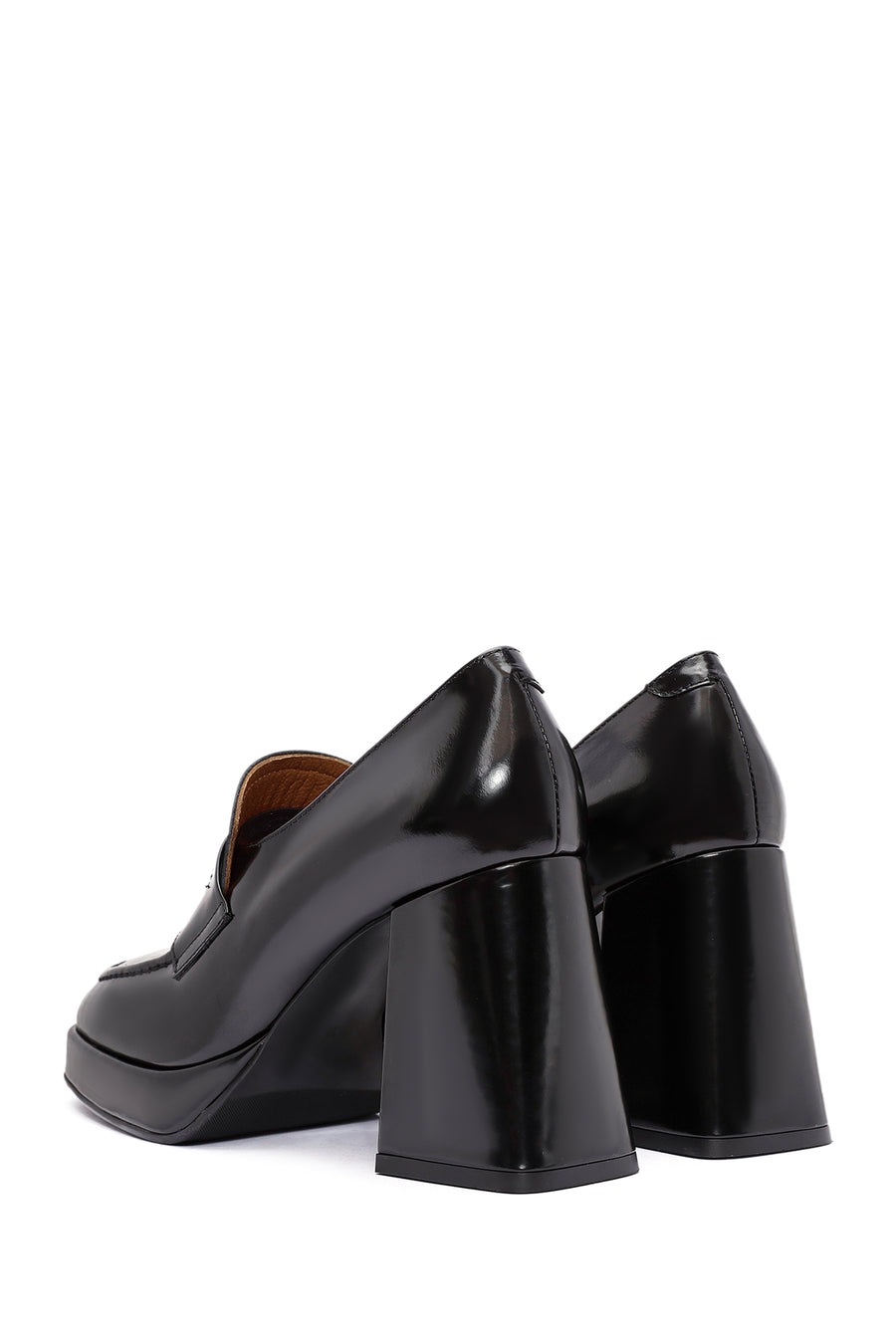Woman Black Chunky Heels Leather Loafer