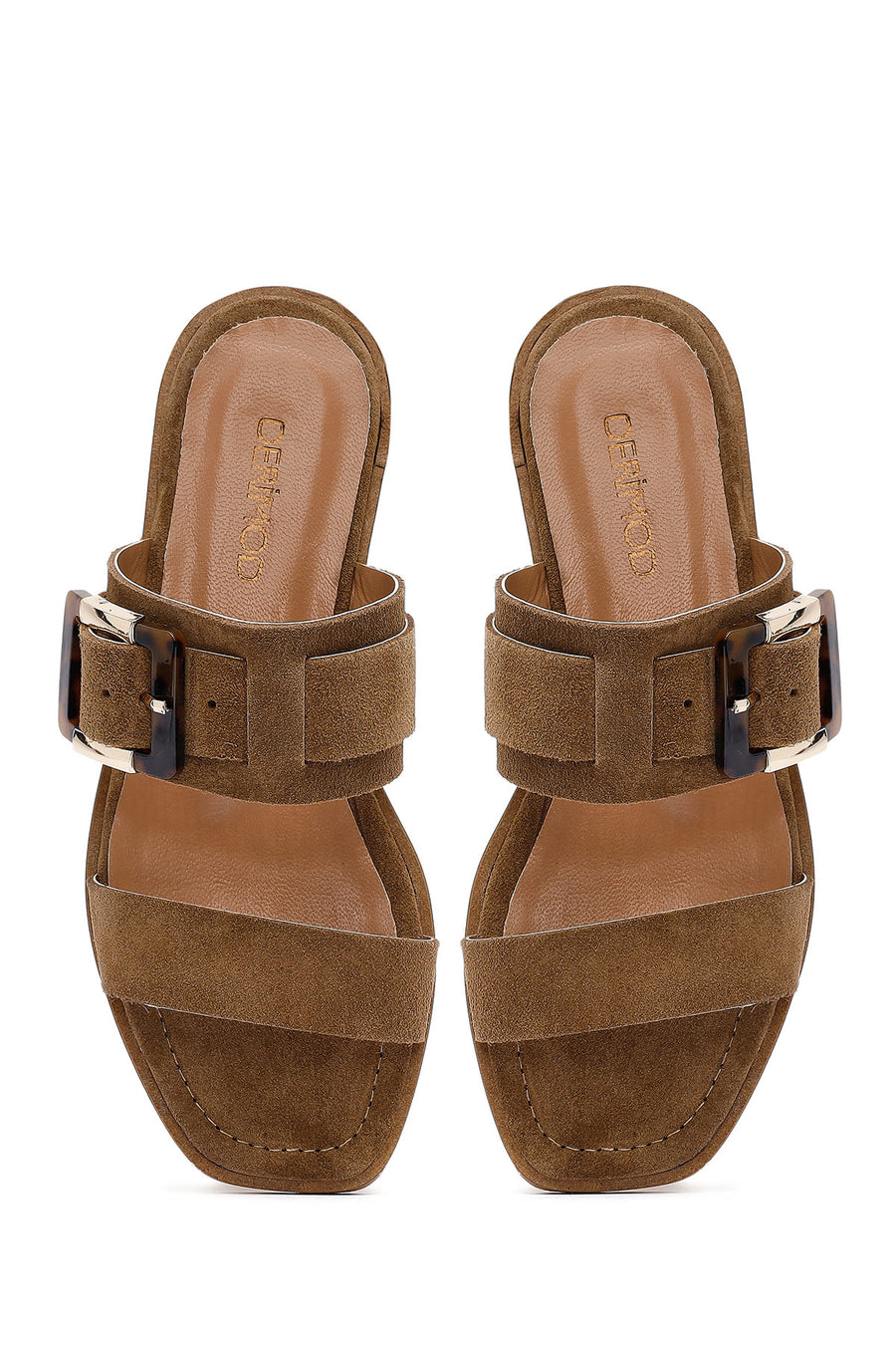 Woman Beige Buckled Suede Leather Slipper