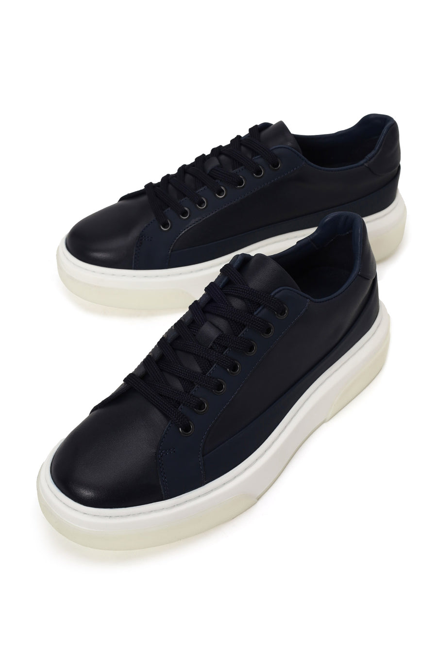 Erkek Lacivert Bağcıklı Kalın Tabanlı Deri Sneaker