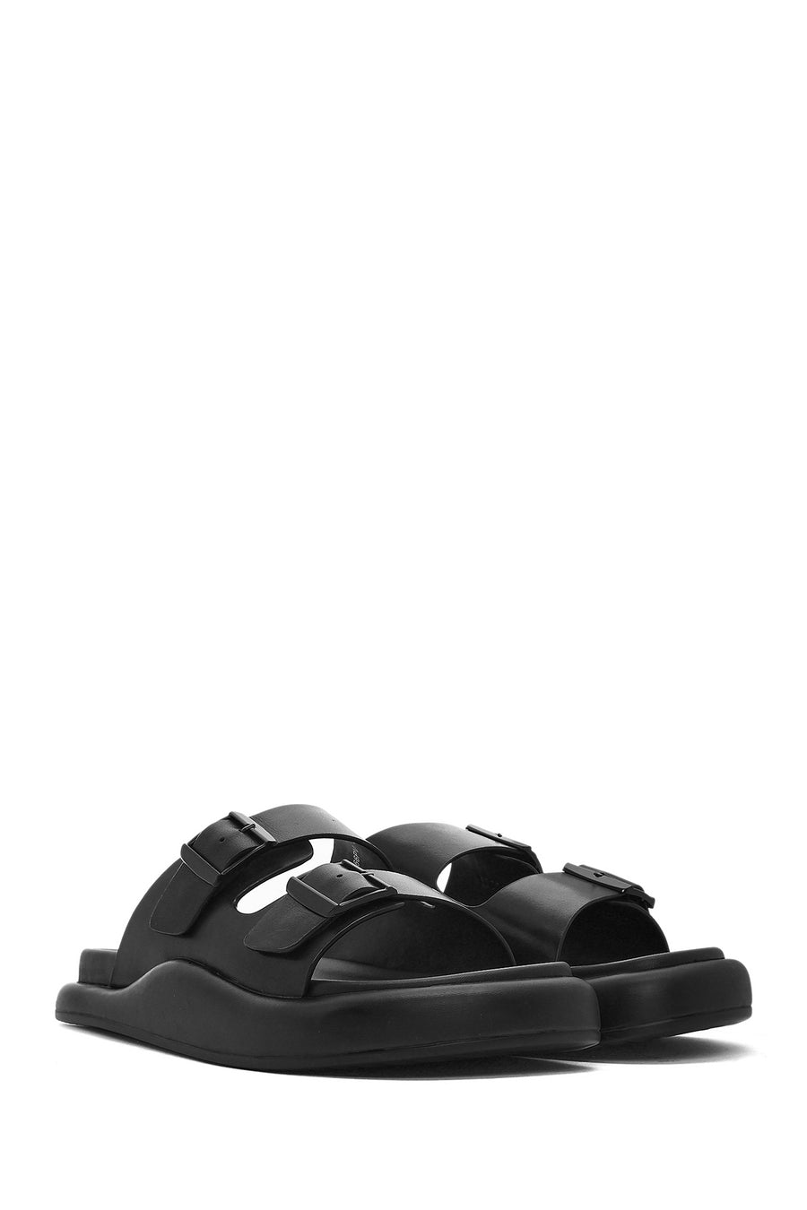 Men's Black Buckled Leather Slippers