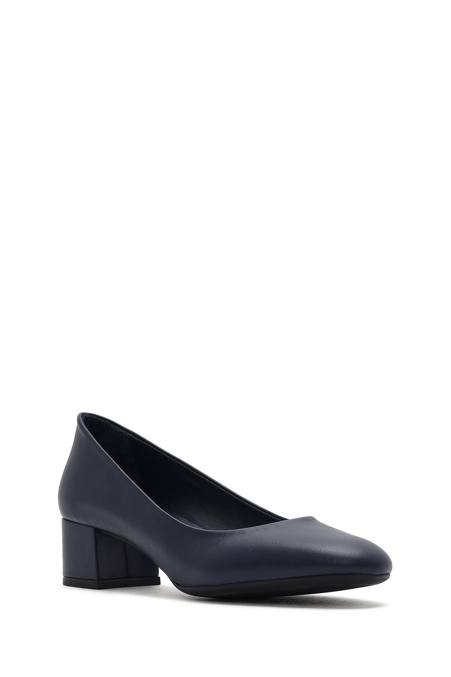 Women's Navy Blue Short Chunky Heeled Leather Shoes