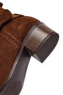 Women's Tan Zippered Short Heel Suede Leather Boot | Derimod