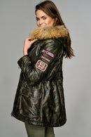 Havana Women's Khaki Leather Coat with Fur Collar | Derimod