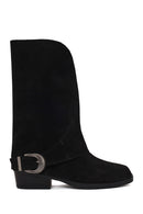 Woman Black Buckled Short Thick-Heeled Suede Boot | Derimod