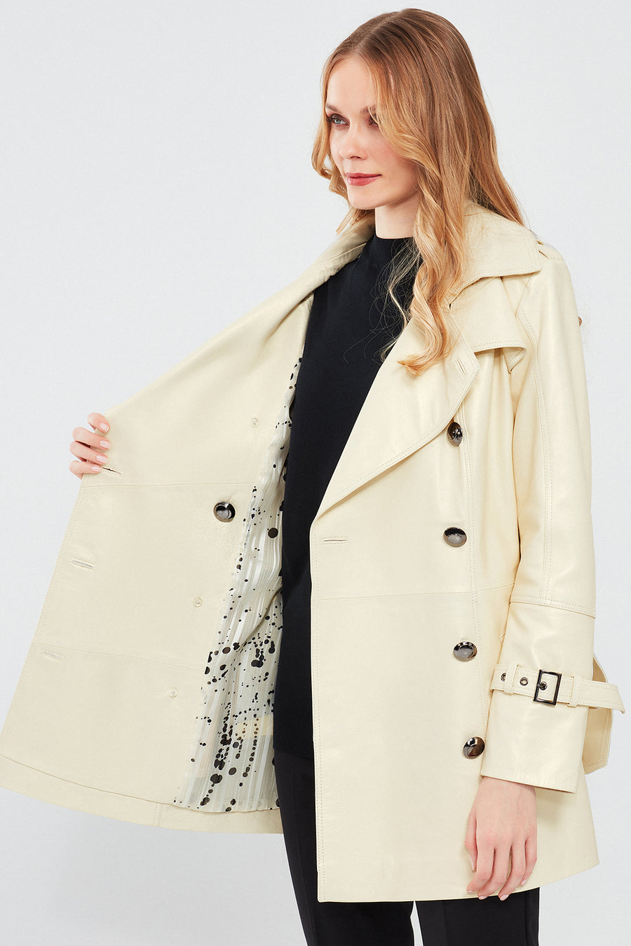 Barbara Women's Beige Double Breasted Collar Regular Leather Trench Coat