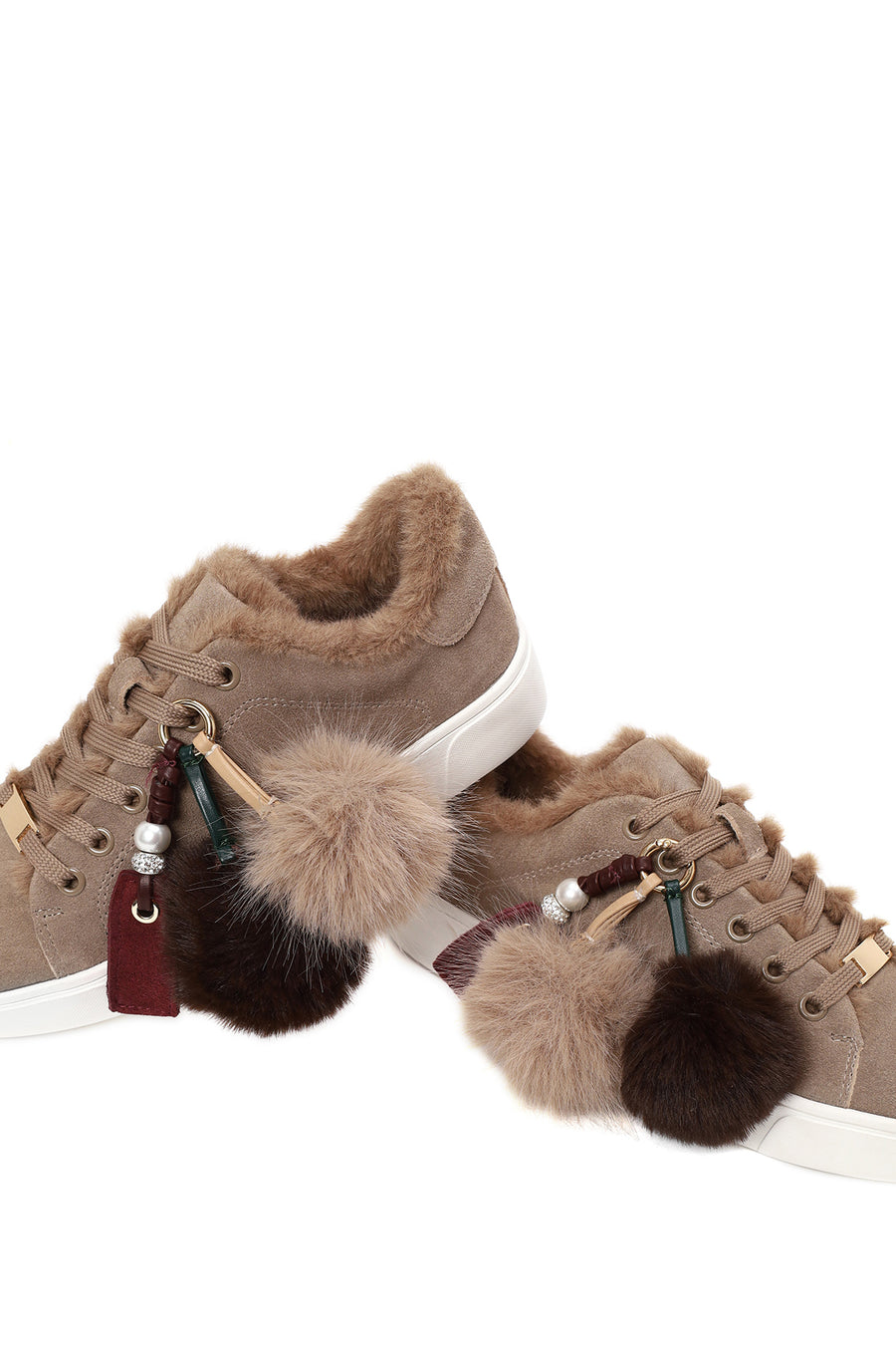 Kadın Vizon Bağcıklı Charmlı Süet Deri Teddy Sneaker