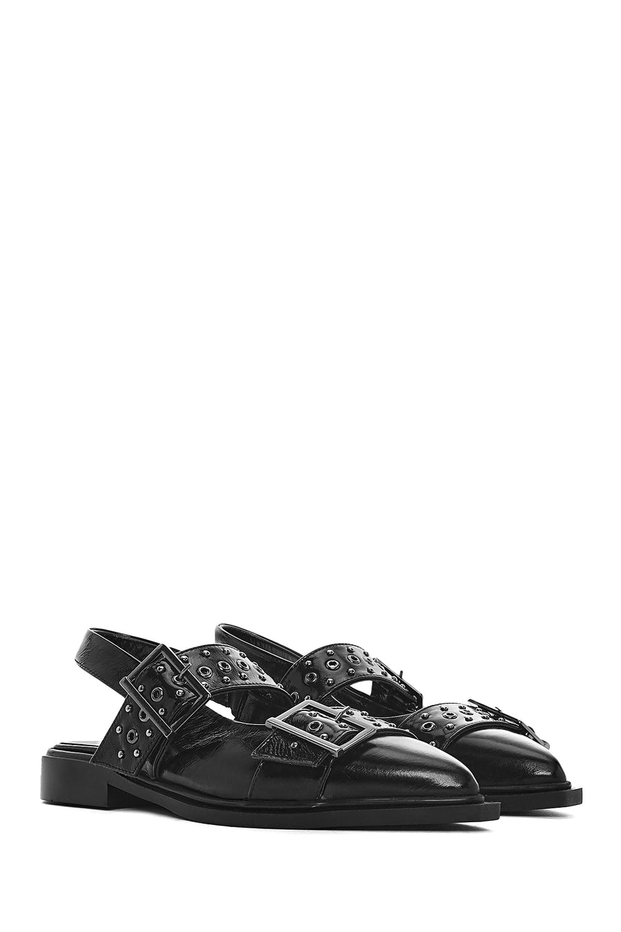 Women's Black Open Back Buckled Patent Leather Ballerinas