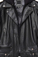 Butler Men's Black Hooded Biker Leather Jacket | Derimod