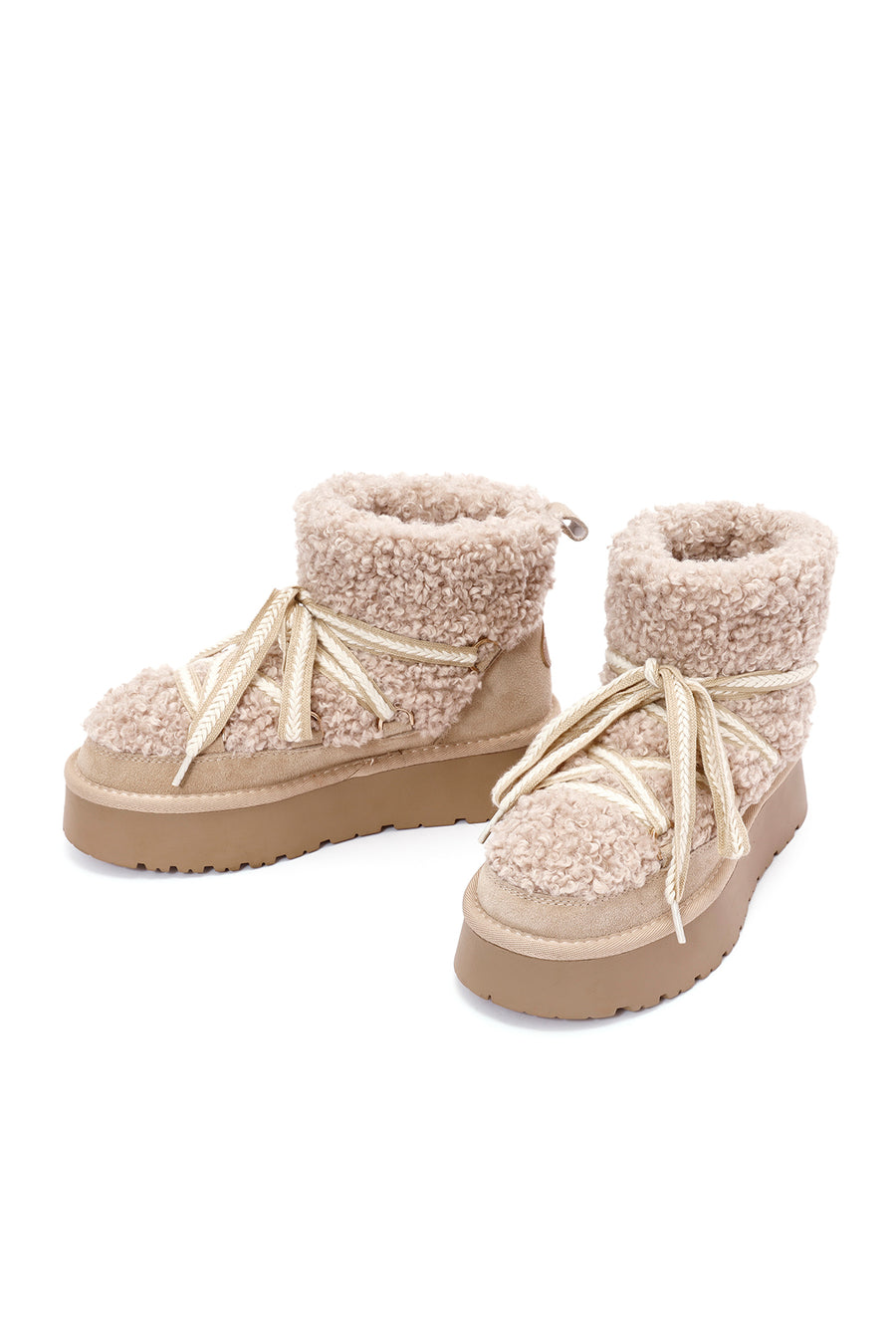 Women's Beige Thick-Soled Fur-Lined Leather Boots
