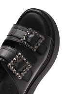 Women's Black Double Buckle Thick-Soled Leather Comfort Slippers | Derimod