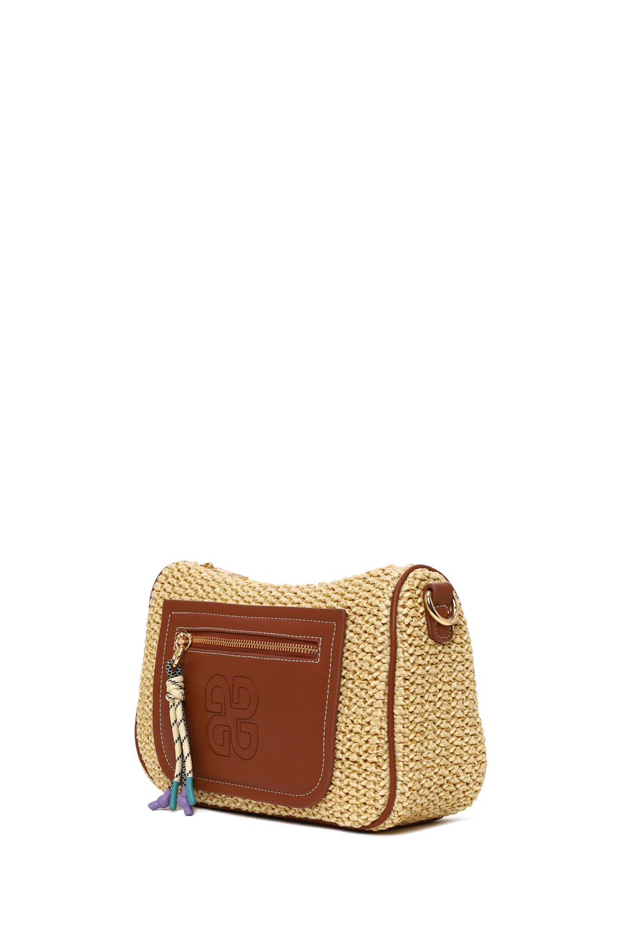 Woman Beige Long-Strap Wicker Crossbody Bag