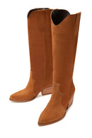 Women's Beige Suede Leather Cowboy Heeled Boots | Derimod