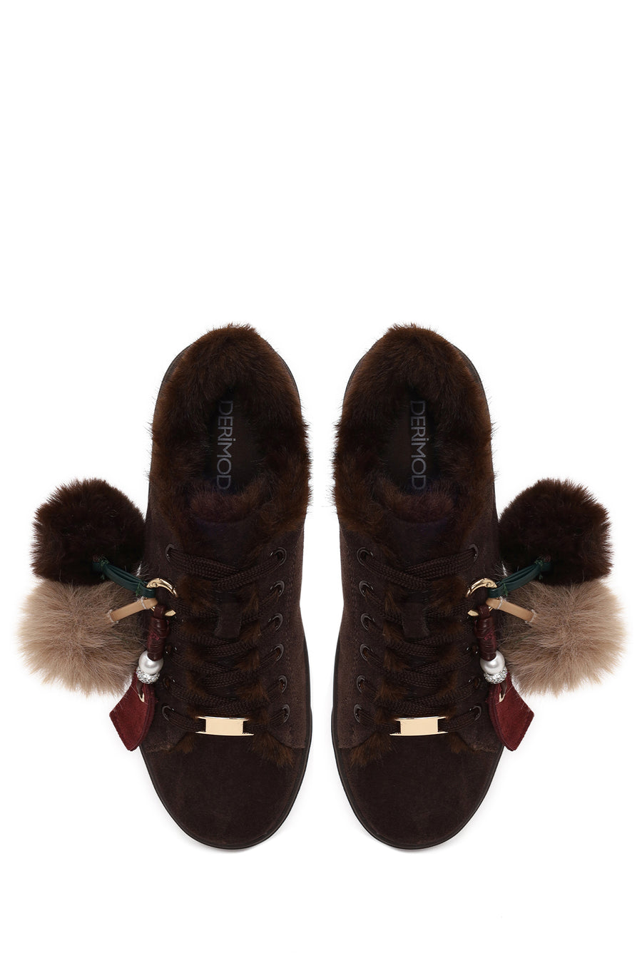 Kadın Kahverengi Bağcıklı Charmlı Süet Deri Teddy Sneaker