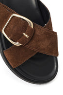 Woman Brown Suede Leather Slippers | Derimod