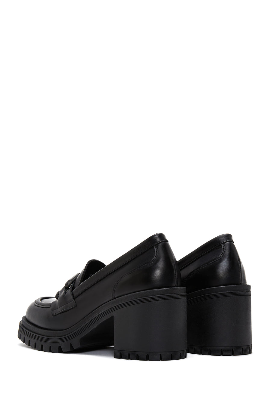 Women's Black Thick Heeled Leather Masculine Loafer
