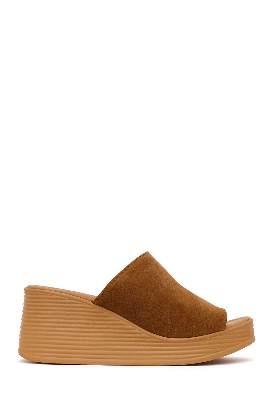 Woman Tan Wedge-Heel Suede Leather Slippers 26SFD180810 | Derimod