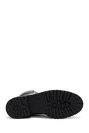 Women's Black Zippered Stoned Leather Combat Boots | Derimod