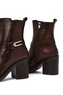 Women's Brown Buckle Chunky Heel Leather Boots | Derimod