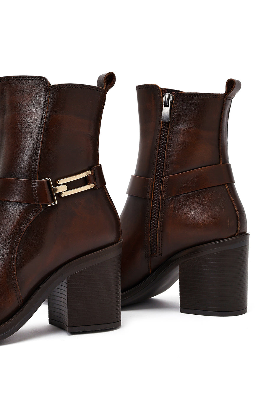 Women's Brown Buckle Chunky Heel Leather Boots