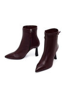 Women's Burgundy Zip-Up Leather Heeled Boots | Derimod