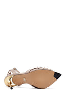 Women's Beige Ankle Buckle Thin Heel Leather Sandals | Derimod