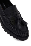 Woman Black Tassel Chunky Heeled Leather Loafer | Derimod
