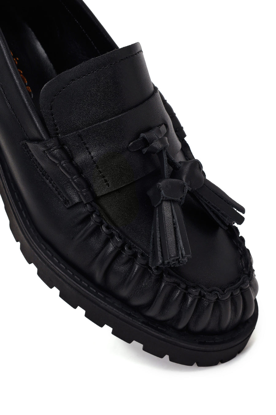 Woman Black Tassel Chunky Heeled Leather Loafer