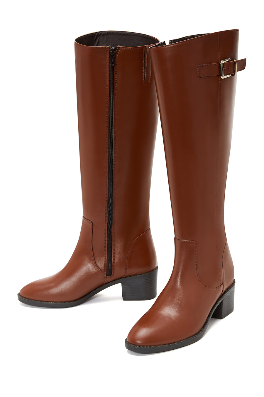 Women's Beige Leather Zippered Heeled Boots