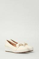 Beige Women's Leather Loafer with Wedge Heels | Derimod