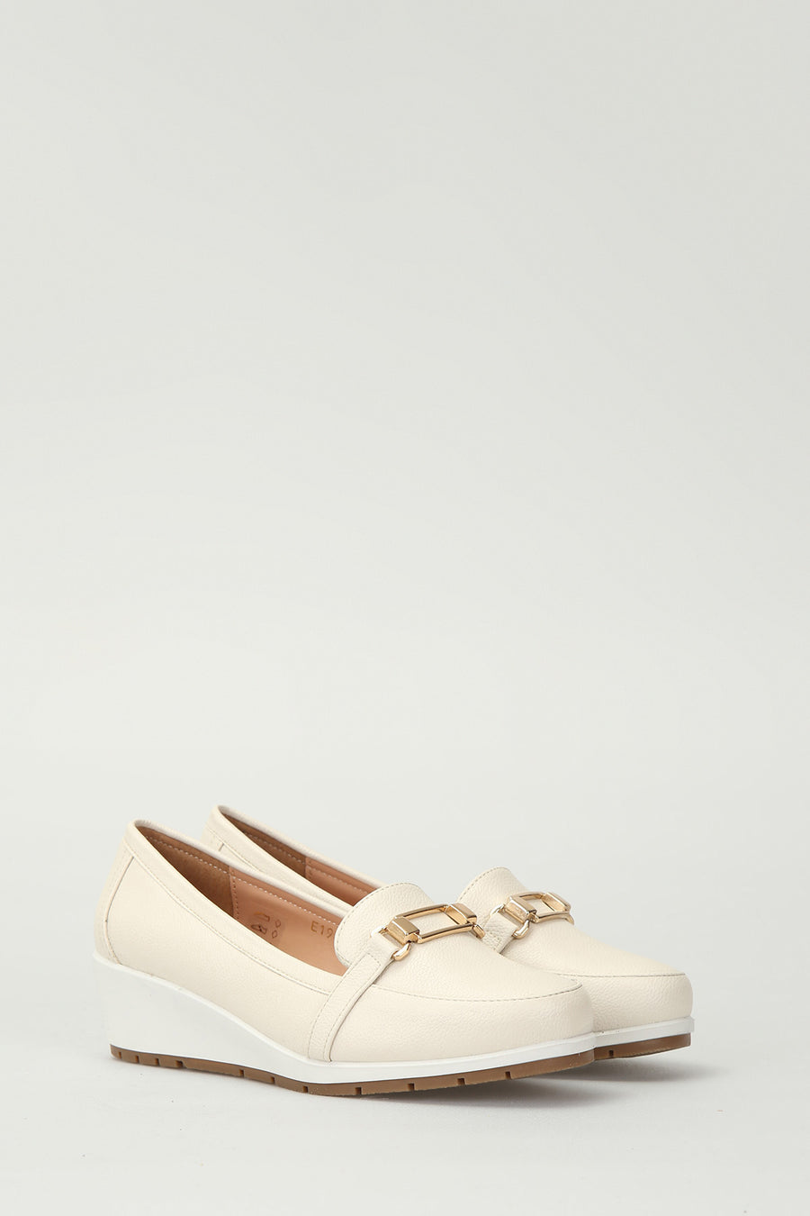 Beige Women's Leather Loafer with Wedge Heels