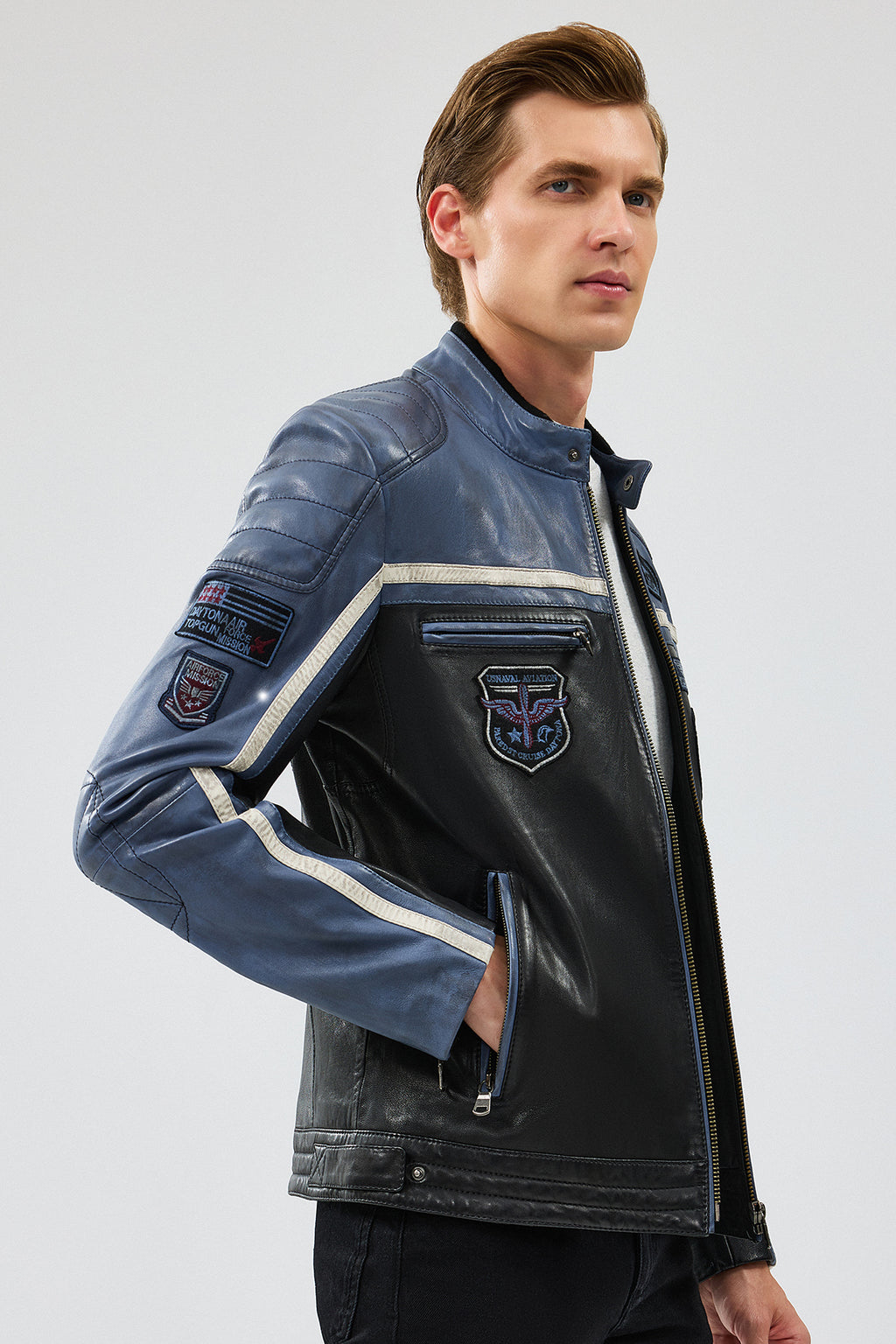 Takeoff Erkek Mavi Slim-Fit Deri Ceket
