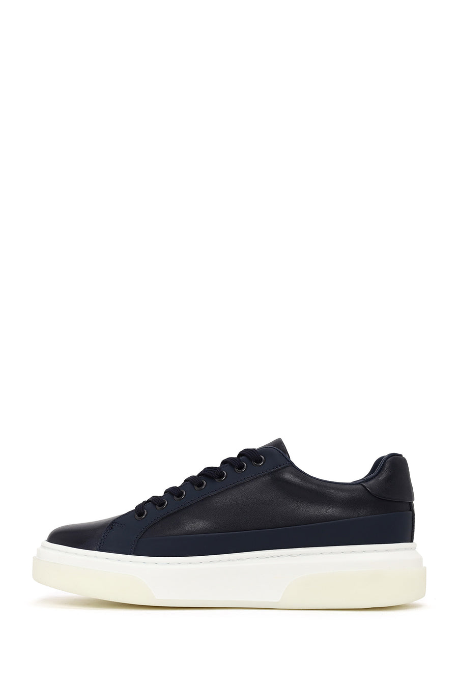 Erkek Lacivert Bağcıklı Kalın Tabanlı Deri Sneaker