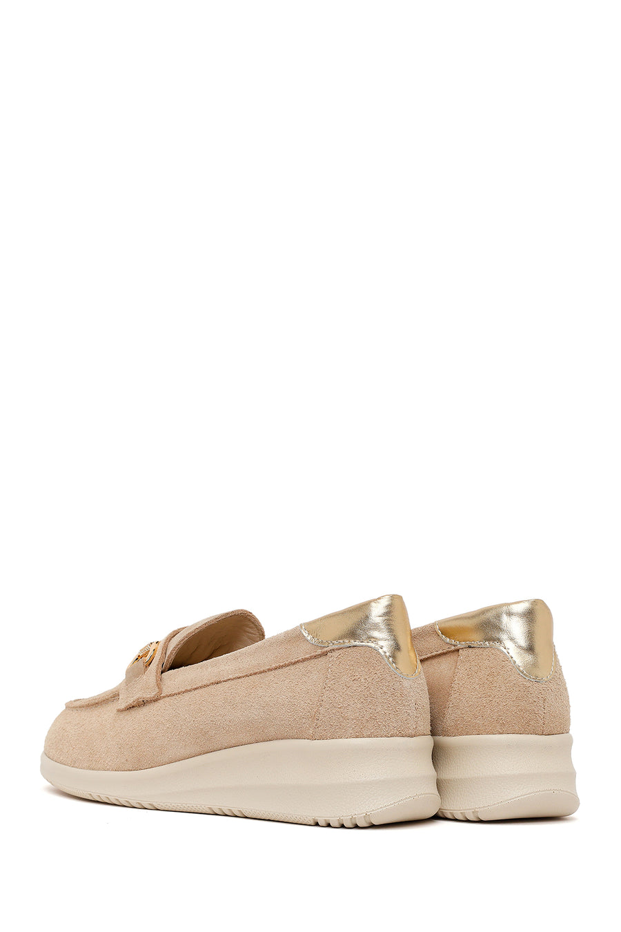 Woman Beige Buckle Wedge-Heel Suede Leather Comfort Loafer